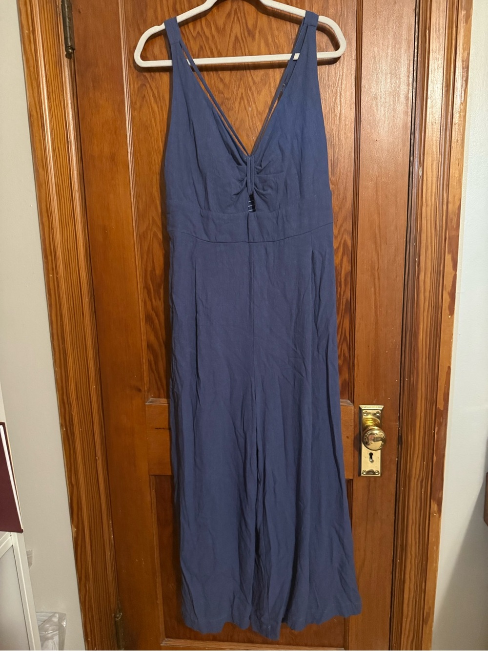 Women's V-Neck w/ Cut Out Linen Blend Jumpsuit in Slate Blue Size XL